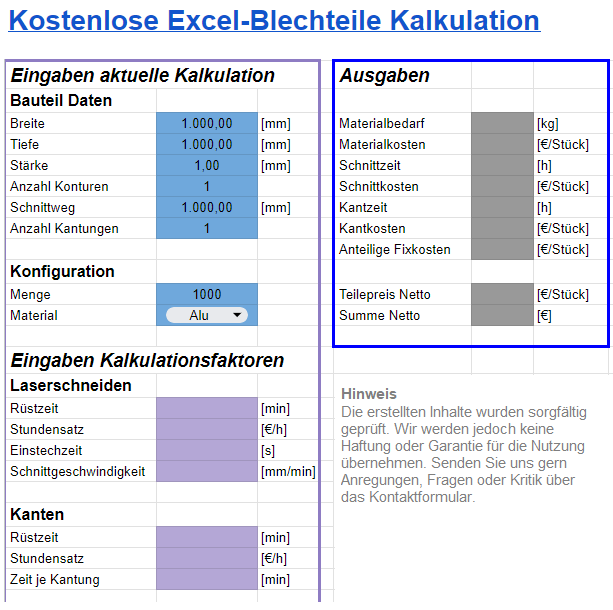 Excel Kalkulation Blechteile